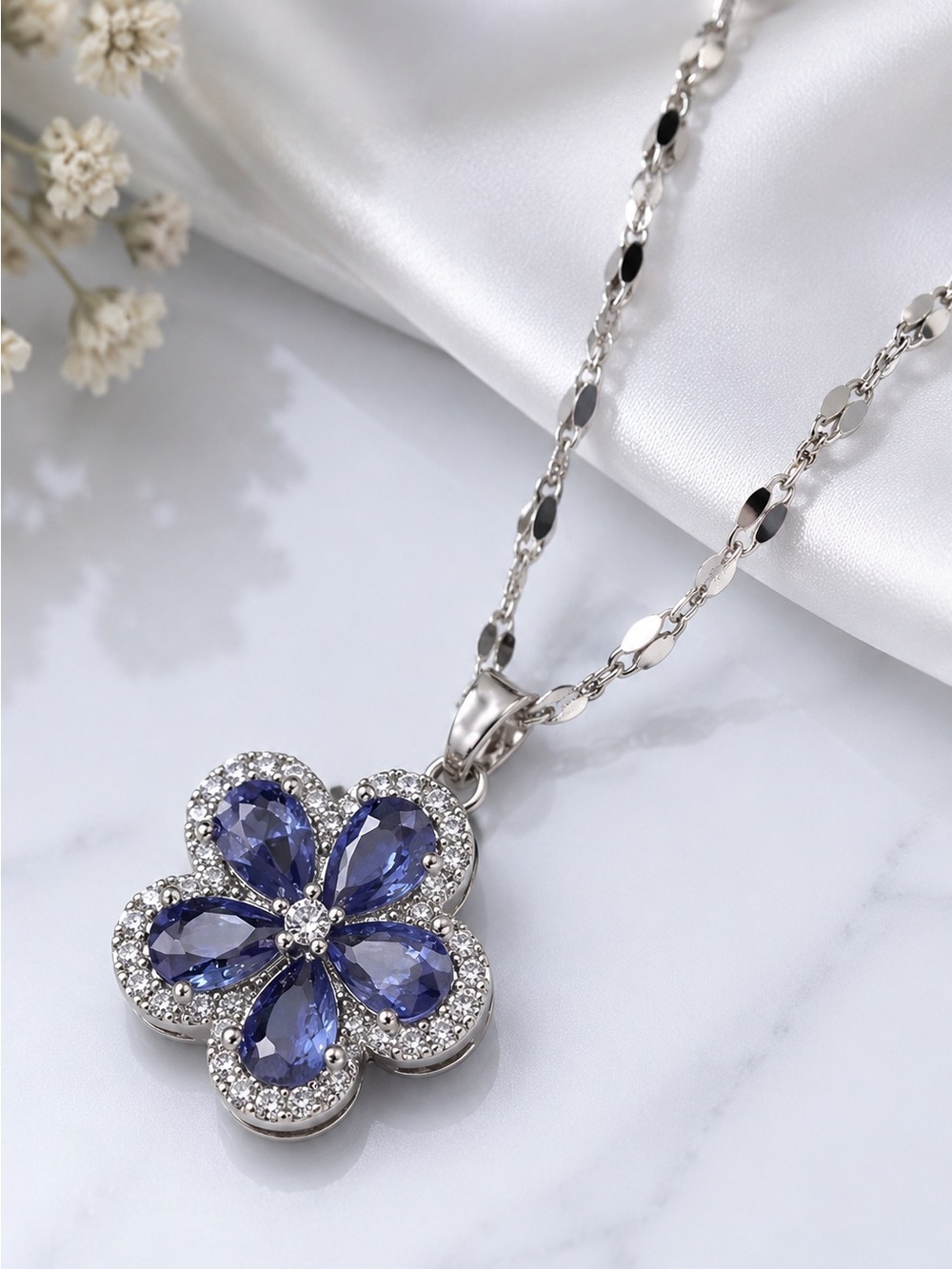 Silver Necklace with Blue Floral Pendant - Picture 5 of 6